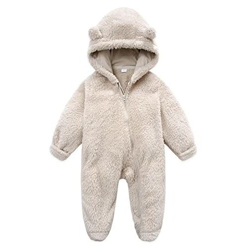 Baby Furry Jumpsuit Infant Bear Onesies Zipper Long Sleeve One-Piece Romper Hoodie Baby Outwear Snowsuit