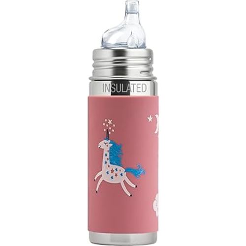 Pura Kiki 9oz/260ml Stainless Steel Insulated Sippy Bottle w/Sleeve, Plastic-Free, MadeSafe Certified, Medical-Grade Silicone Sipper Spout Fast Flow Rate for Kids, Toddlers, Babies & Infant – Unicorn