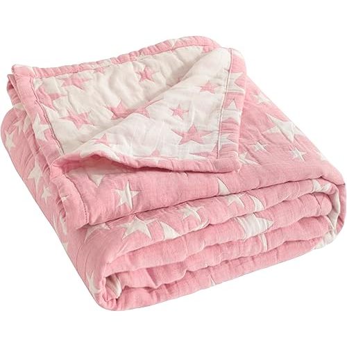 NTBAY 3 Layer Oversized Muslin Cotton Toddler Blanket, 45x60 Inches Jacquard Reversible Nursery Bed Blanket, Super Soft and Thermal Crib Blanket for All Seasons, Baby Gift, 45"x60", Pink/White Star