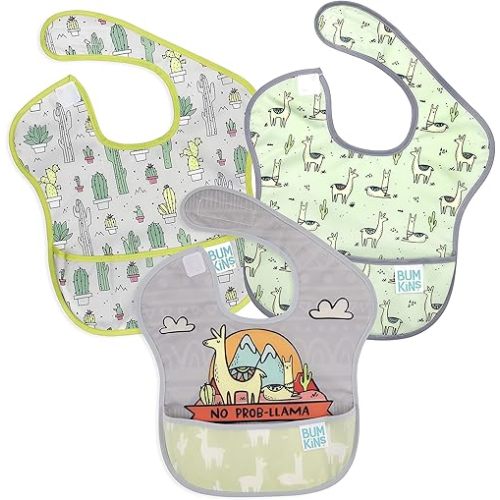 Bumkins Bibs for Girl or Boy, SuperBib Baby and Toddler for 6-24 Months, Essential Must Have for Eating, Feeding, Baby Led Weaning Supplies, Mess Saving Catch Food, 3-pk No Prob-Llama, Cactus, Llamas