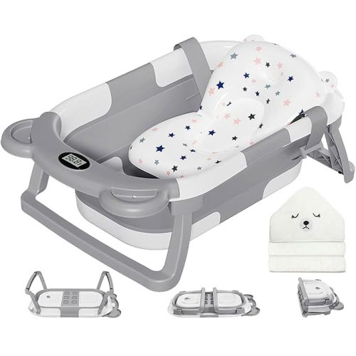 MoreFeel Collapsible Baby Bathtub for Newborn with Thermometer & 1 Hooded Towel & 1 Soft Floating Cushion,Portable Travel Bathtub with Drain Hole, Durable Foldable Baby Tubs for Infants to Toddler