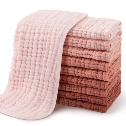 Yoofoss Muslin Burp Cloths for Baby 10 Pack 100% Cotton Baby Washcloths for Boys Girls Large 20''X10'' Super Soft and Absorbent Gradient Pink