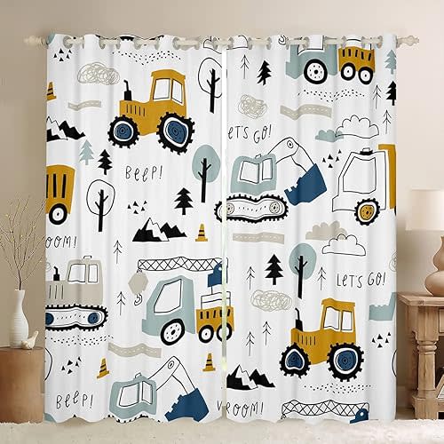 Feelyou Cartoon Car Kids Curtains for Bedroom Living Room Construction Darkening Dreapes Equipment Trucks Comter Cartoon Car Excavator Tractor White Yellow Window Treatments (2 Panels, 38 x 54 Inch)