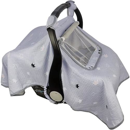 ICOPUCA Car seat Covers for Babies, Kick-Proof carseat Cover boy Girls, carseat Canopy with Window, Light Weight Muslin, fit Summer/Autumn/Spring, Neutral, Grey Crown;