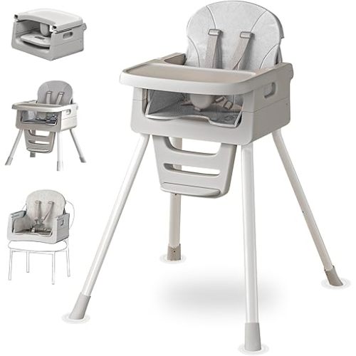 Portable 3 in 1 High Chairs for Babies and Toddlers, Convertible Baby Feeding Chair with Tray, Easy Clean Baby High Chair for Toddler with Foot Rest, Infant Highchairs & Booster Seats with Cush Grey
