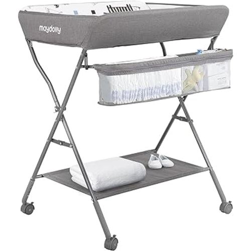 Maydolly Baby Changing Table with Wheels,Portable Adjustable Height Folding Diaper Station with Nursery Organizer & Storage Rack for Newborn Baby and Infant