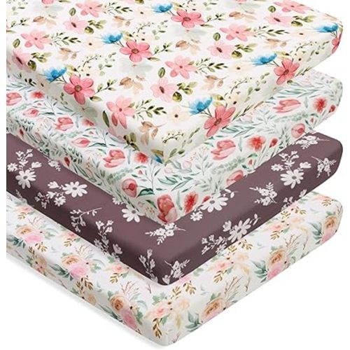 4 Pack Baby Girl Pack N Play Mini Crib Sheets Set Soft Fitted Floral Theme Baby Girl Mattress Covers Breathable Toddler Bed Sheets for Infant or Newborn(Flower, Pack N Play Mini Crib Sheets)