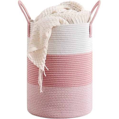 CLHMILY&Z 60L Laundry Basket Round Storage Rope Basket - 15x20.5 Inches - Pink Hamper in Bedreoom and Cute Storage Bin for Blankets, Toys, and Nursery Essentials