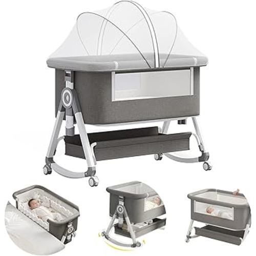 4 in 1 Baby Bassinet, Rocking Bassinets Bedside Sleeper with Comfy Mattress and Wheels, 6 Height Adjustable Easy Folding Portable Bedside Crib for Newborn Infant