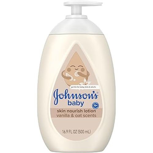 Johnson's Skin Nourishing Baby Lotion, Vanilla & Oat Scents, Hypoallergenic Baby Body Lotion for 72 Hour Hydration Until Baby's Next Bath Moisturizes & Protects from Dryness, 16.9 fl. oz