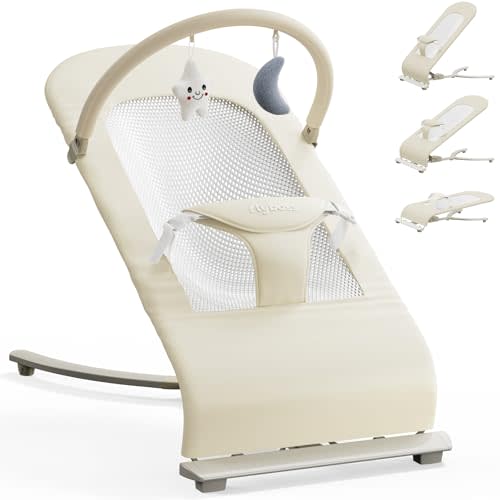 3-in-1 Portable Baby Bouncer & Rocker Chair for Newborn to Toddler - 4 Adjustable Recline Positions, Breathable Cotton Fabric, Natural Vibration, Supports Up to 33 lbs (Oatmeal Khaki)