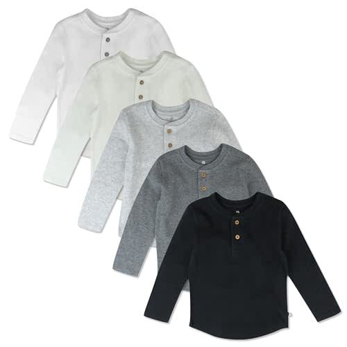 HonestBaby 5-pack Waffle Henley Long Sleeve Shirts 100% Organic Cotton for Infant Baby and Toddler Boys, Unisex
