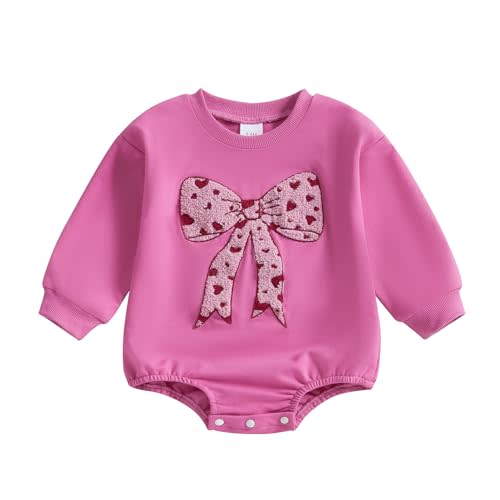 KtwHarnu Newborn Baby Girl Fall Outfit Bow Oversized Sweatshirt Bubble Romper Long Sleeve Sweater Bodysuit One-Piece Jumpsuit