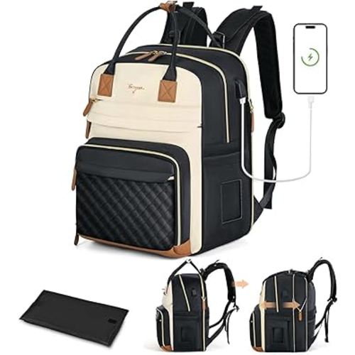 Extra Large Diaper Bag Backpack, Diaper Bag for 2 Kids, Twin Diaper Bag 25-37L Expandable with Changing Pad and USB Charging Port, Apricot & Black