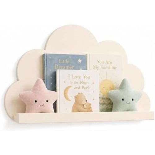 Juju Cloud Wall Shelf Wood Book Ledge – Cream Cloud Shaped Nursery Shelf with Two Soft Star Bookends – Display Ledge for Books and Decor – Pastel Nursery and Room Wall Decor