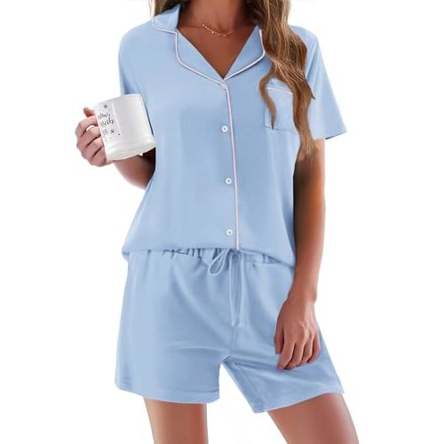 Ekouaer Pajamas Set for Women Short Sleeve Sleepwear Button Down Pjs Soft 2 Piece Lounge Sets XS-XXXL