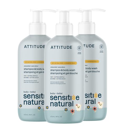 ATTITUDE 2-in-1 Shampoo and Body Wash for Baby, EWG Verified, Plant- and Mineral-Based Ingredients, Vegan Products for Sensitive Skin, Unscented, 16 Fl Oz (Pack of 3)