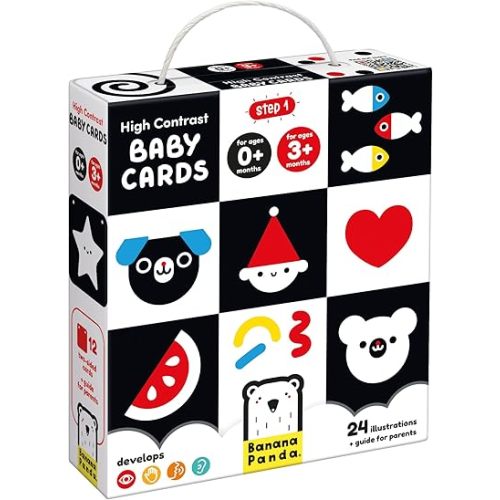 Banana Panda High-Contrast Baby Cards - 24 Illustrations on 12 Large 2-Sided Cards, Designed for Babies 0 Months and 3 Months +