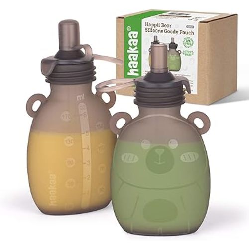 haakaa Happii Bear Silicone Goody Pouch,Reusable Baby Food Pouches for Homemade Organic Purees, Juices, Smoothies, and Yogurt - Perfect for Toddlers and Kids - 2 Pack, 6oz