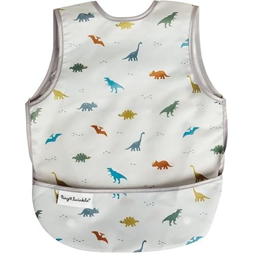 Tiny Twinkle Mess Proof Baby Bib - Waterproof Baby Apron - Machine Washable - PVC, BPA, & Phthalate Free - Great Travel Bib for Baby Eating - Baby Food Bibs (Dinosaur, Small 6-24 Months)