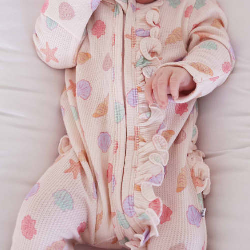 Saltwater Shells Waffle Bamboo Zipper Ruffle Footie