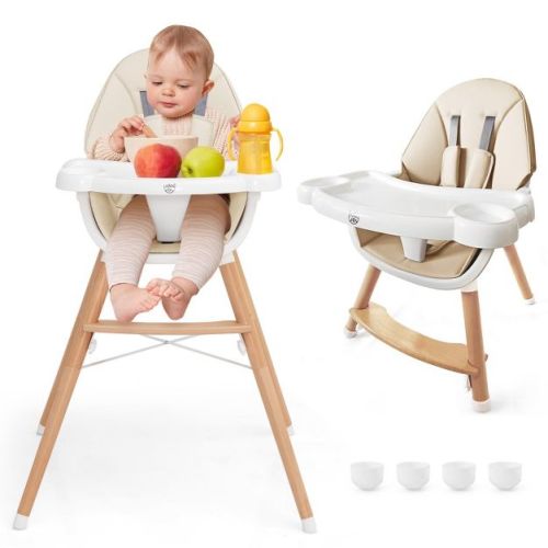 Infans Baby High Chair Wooden Feeding Chair w/ 4-Gear Tray & Removable Cushion Beige