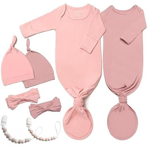 2-Pack Luxurious Newborn Knotted Gown Set - Ultra-Soft Long Sleeve Gown for Baby with Hat, Headband & Pacifier Clip