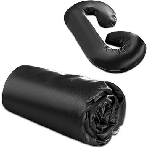 BALAPET Silky Satin Pregnancy Pillow Cover (ONLY Pillowcase), C Shaped Large Luxurious Smooth Maternity Pillow Cover with Hidden Zip, Soft & Breathable Pillow Protector for Side Sleeper, Black