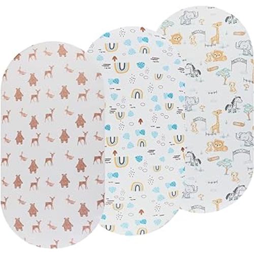 Bassinet Sheets 3 Pack Fitted for Baby Boy and Girl, Stretchy Soft Knitted Baby Sheet Set Universal for Oval Rectangle and Hourglass Bassinet Mattress, Unisex Cute Animal Printing