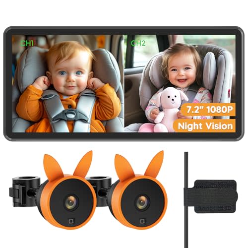 Babyvue BV3 PRO Baby Car Camera for 2 Kids - 7.2" Large HD Display Dual Channel Baby Monitor, 1080P IR Night Vision Car Seat Camera, Easy Install Rear-Facing View – Ideal for Kids and Pet Safety