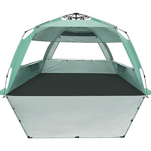 WhiteFang Deluxe Pop Up Beach Tent Sun Shade Shelter for 3-4/5-6 Person, UV Protection, Extendable Floor with 3 Ventilating Windows Plus Carrying Bag, Stakes, and Guy Lines