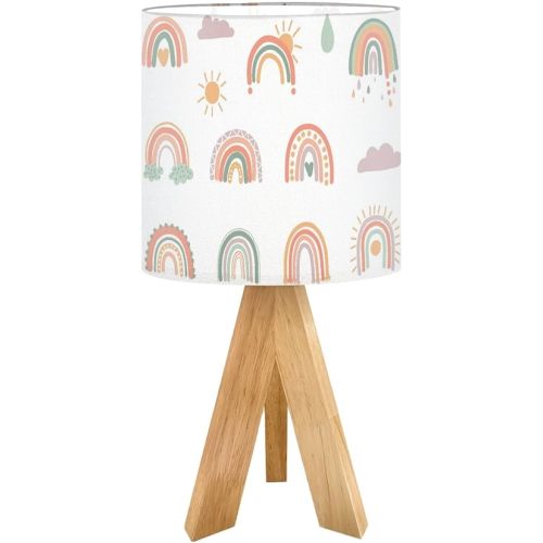 Tripod Bedside Desk Table Lamp Hand Drawn Boho Rainbows Cute Set Pastel Earthy Colors Isolated Wood Nightstand Lamp with Linen Fabric Shade for Nursery Bedroom Living Room Kids Room