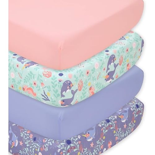 The Peanutshell 4-Pack Fitted Crib Sheet Set - Super Soft & Breathable Baby Girl Crib Sheets, Nursery Decor, Fit for Standard Mattress Cover- Ocean Girl