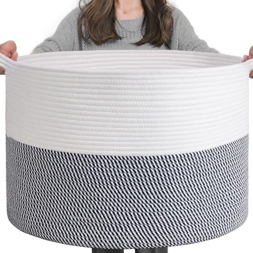 INDRESSME XXXLarge Cotton Rope Basket 21.7" x 21.7" x 13.8" Woven Baby Laundry Baskets Blanket Basket Toy Baskets with Handle Storage Comforter Cushions Navy Laundry Hamper