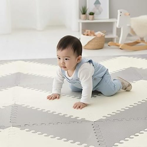 Little fun times Play Mat for Baby Large 72 Pieces, Assembled Total 64 x 64 inch 28,4 SqFt, Interlocking Floor Puzzle, EVA Tiles Playmat for Toddler and Kids, Two Colors Design with Edges.