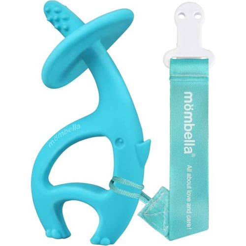 Baby Teething Toys for Babies 3-12 Months with Attachment to Clip, Mombella Elephant Baby Teether Toys 6 Month Old, Soft Silicone Infant Chew Toy 9 Months Teething Relief, Ideal Newborn Gifts, Blue