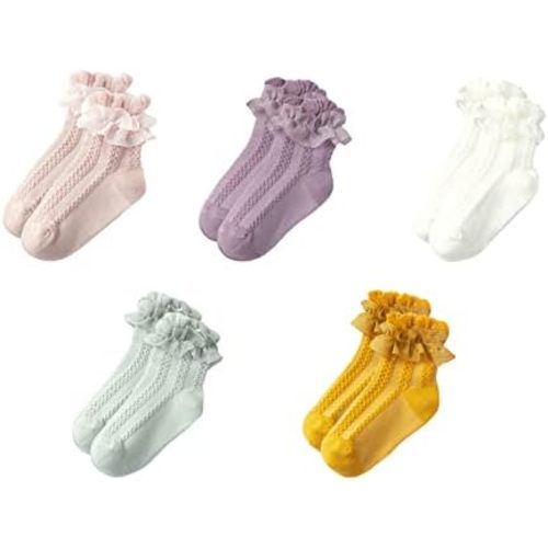 Gwenvenni Toddler Girls Double Ruffle Lace Trim Cotton Socks Frilly Dress Socks 5-Pack