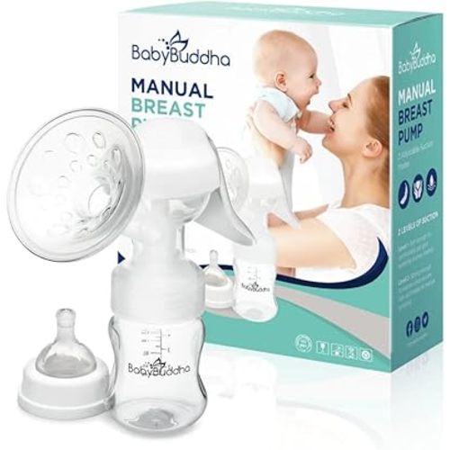 BabyBuddha Manual Breast Pump, Single Hand Pump Breastmilk, Cordless, No Electricity or Batteries Required, Soft Massage Cushion for Comfort, Quiet, Lightweight, Dishwasher Safe, BPA Free