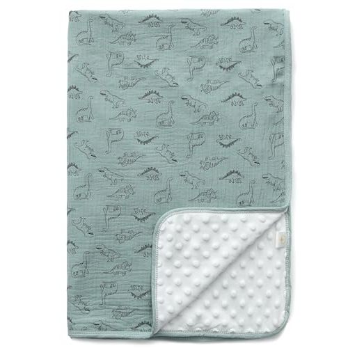 Baby Blanket for Unisex Boys Girls Nursery Minky Blankets with Muslin Cotton Front Dotted Fleece Backing Double Layer Bed Throws Pattern Sage Green Dinosaur