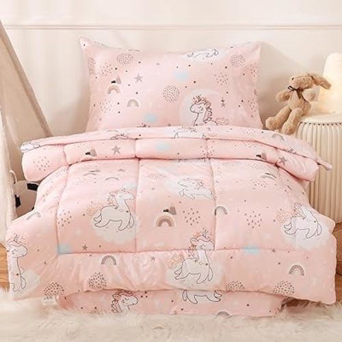 JSD Pink Unicorn 4 Piece Toddler Bedding Set, Girls Printed Microfiber Comforter Set, Includes Flat Sheet, Fitted Sheet, Quilted Comforter and Pillowcase