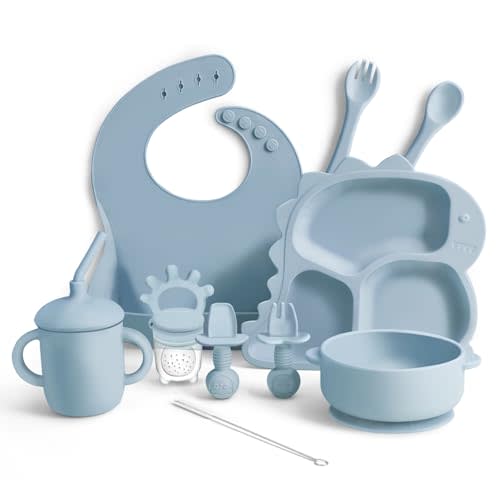 FOMOMDI Silicone Baby Feeding Set, 10PCS Toddler Utensils, Baby Led Weaning Supplies with Dinosaur Plate, Bib, Cup, Suction Bowl, Forks, Spoons, Fruit Feeder