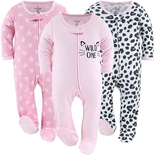 The Peanutshell Footed Sleepers for Baby Girls, Cheetah & Pink Hearts, Newborn to 12 Month