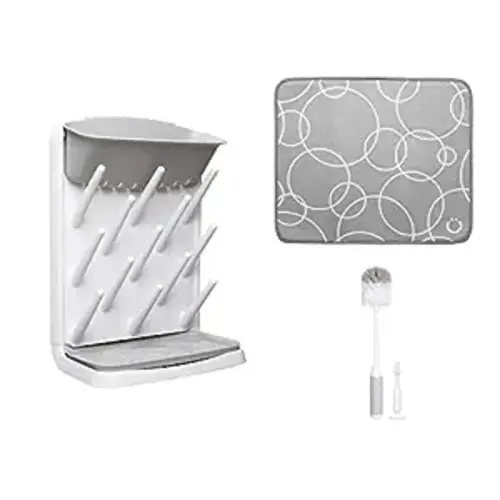 Ubbi Vertical Bottle Drying Rack, Bottle Brush & Microfiber Drying Mat Bundle, Newborn Baby Essentials, Baby Registry Must Haves, New Parent Gifts, Gray