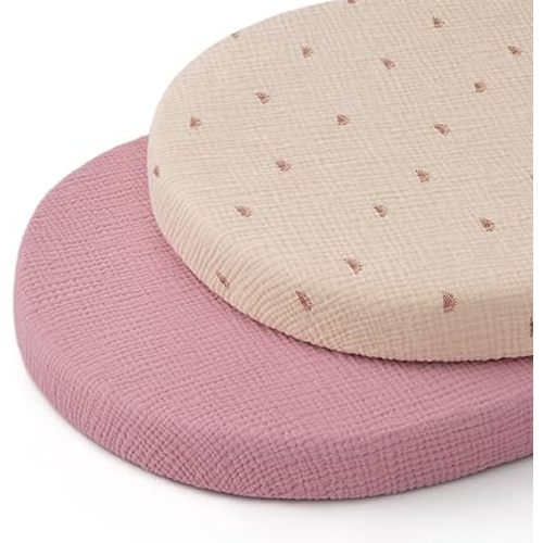 Blissful Diary Muslin Bassinet Sheets for Baby Girls Boys, Boho Soft Cotton Fitted for Oval Hourglass Rectangle Mattress, 2 Pack(Sunshine&Blush Pink)