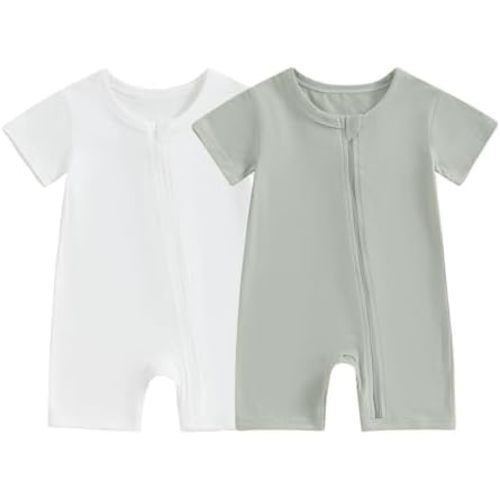 Merqwadd Baby Boy Girl 2 Pack Romper Short Sleeve Zipper Jumpsuit Plain Summer Clothes