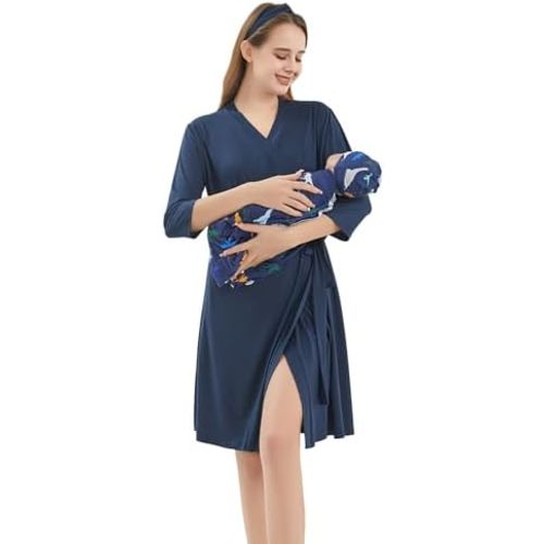 Galabloomer Maternity Robe and Baby Receiving Blanket, Matching Mommy Labor Delivery Robe and Swaddle Set Navy blue