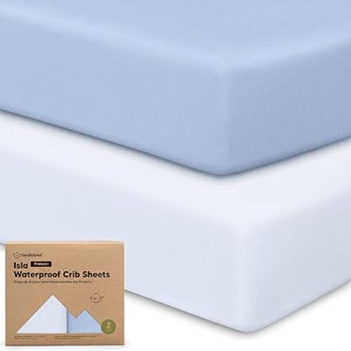 2-Pack Waterproof Baby Crib Sheets for Boys, Girls - Viscose Derived from Bamboo Toddler Bed Sheet Neutral, Fitted Crib Mattress Protector Cover for Baby Bedding, Soft & Gentle (Blue Flax)