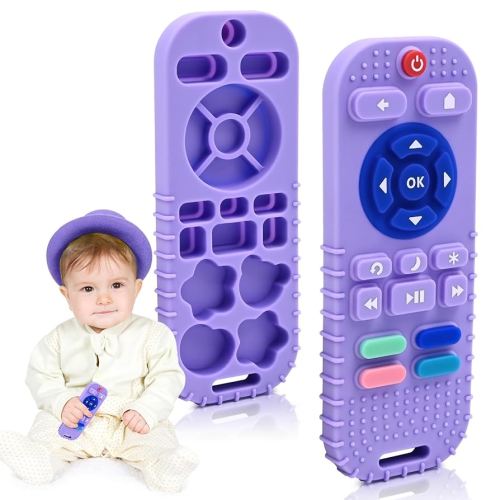 AiTuiTui Baby Teething Relief Sensory Chew Toys for 3 6 9 12 Months, Silicone Infant Teether Remote Control Bath Toy for Newborn Toddlers Boy Girl Autism Baby Shower Birthday Gifts, Purple