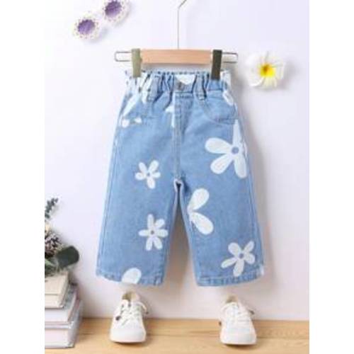 Vintage, Cute, And Comfortable Flower High-Waist Wide Leg Jeans For Baby Girls, Casual Wear
