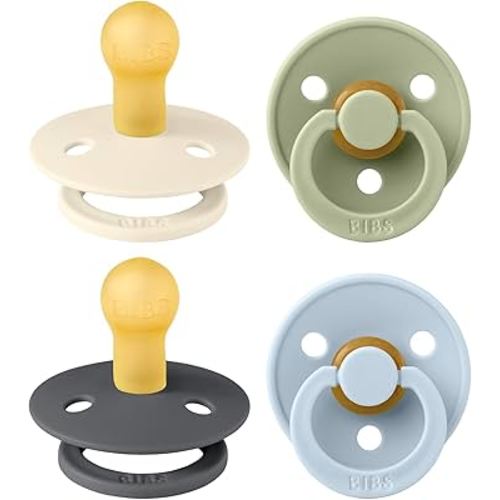 BIBS Colour Soother 4-Pack | BPA Free Dummy Pacifier | Round Nipple | Natural Rubber Latex | Made in Denmark | Size 0-6 Months | Iron Mix